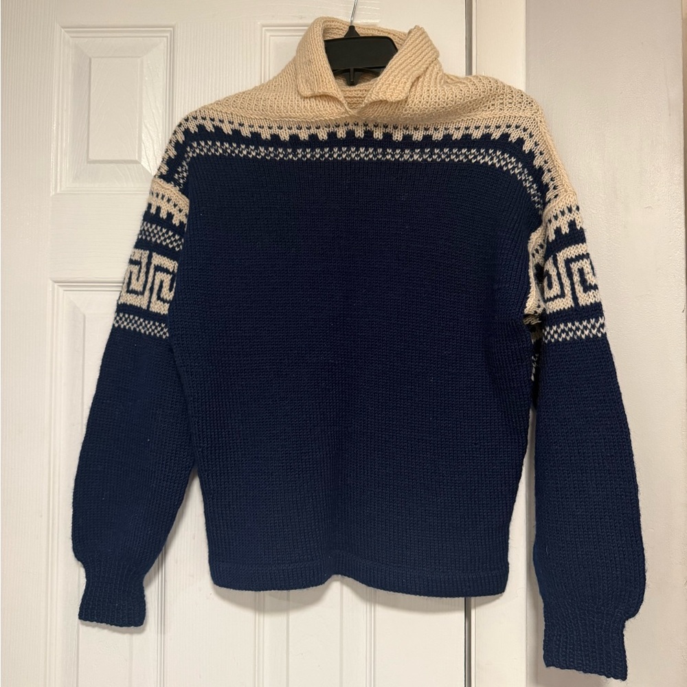 Vintage Nordic Knit Sweater Navy Cream Scandinavian Fisherman Pullovers